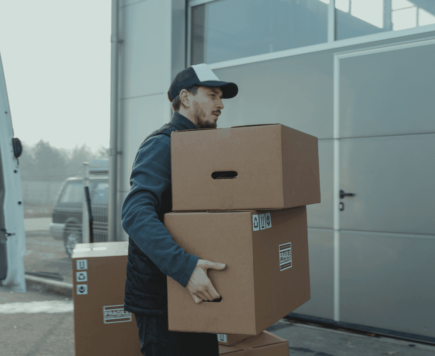 Carefully handling a box ready to hand off to a local business partner